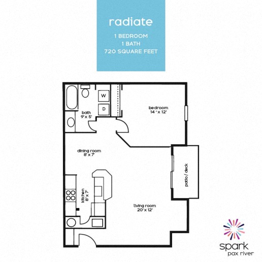Floor plan for 1 bed, 1 bath, 720 sqft