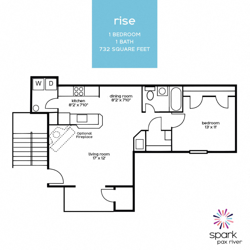 Floor plan for 1 bed, 1 bath, 732 sqft