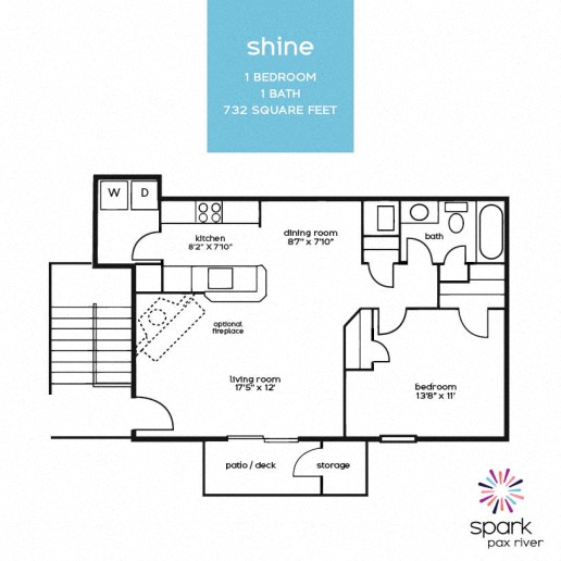 Floor plan for 1 bed, 1 bath, 732 sqft