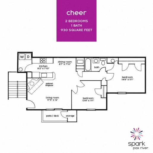 Floor plan for 2 beds, 1 bath, 930 sqft