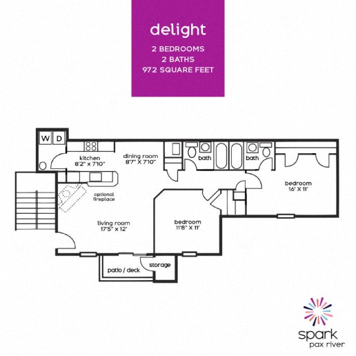 Floor plan for 2 beds, 2 baths, 972 sqft