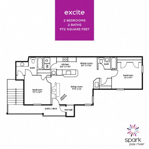 Floor plan for 2 beds, 2 baths, 972 sqft