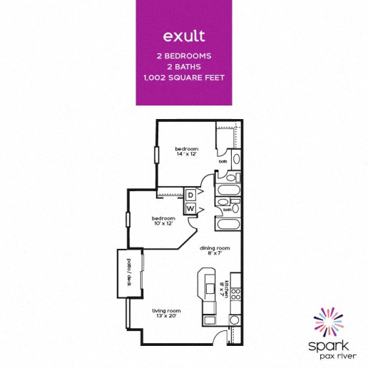 Floor plan for 2 beds, 2 baths, 1002 sqft