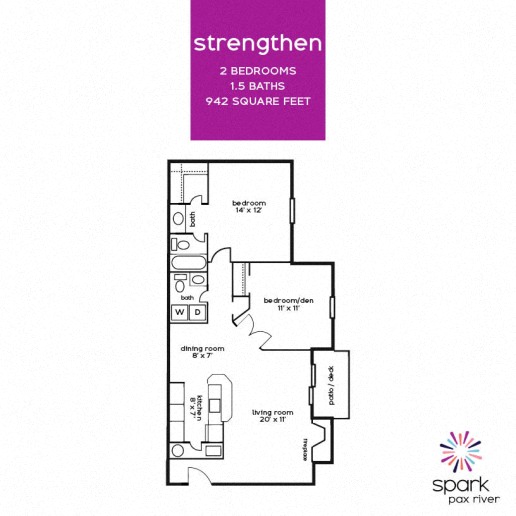 Floor plan for 2 beds, 1.5 baths, 942 sqft