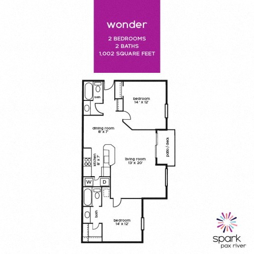 Floor plan for 2 beds, 2 baths, 1002 sqft