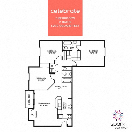 Floor plan for 3 beds, 2 baths, 1272 sqft