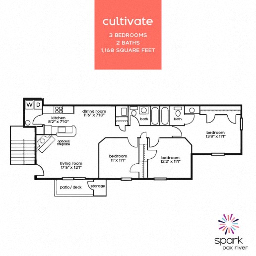 Floor plan for 3 beds, 2 baths, 1168 sqft