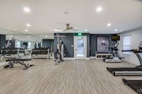 Lexington Park apartment for rent - a gym with weights and cardio machines and a ceiling fan