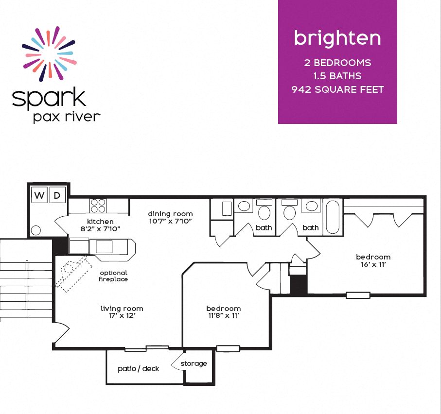 Floor plan for 2 beds, 1.5 baths, 942 sqft