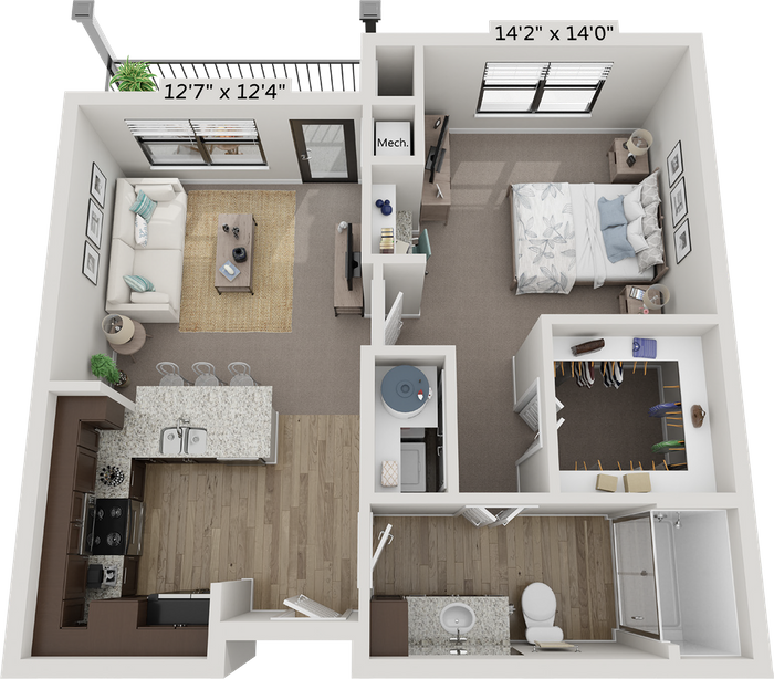 Floor plan for 1 bed, 1 bath, 661 sqft