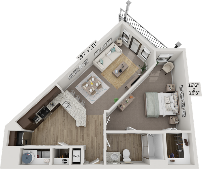 Floor plan for 1 bed, 1 bath, 737 sqft
