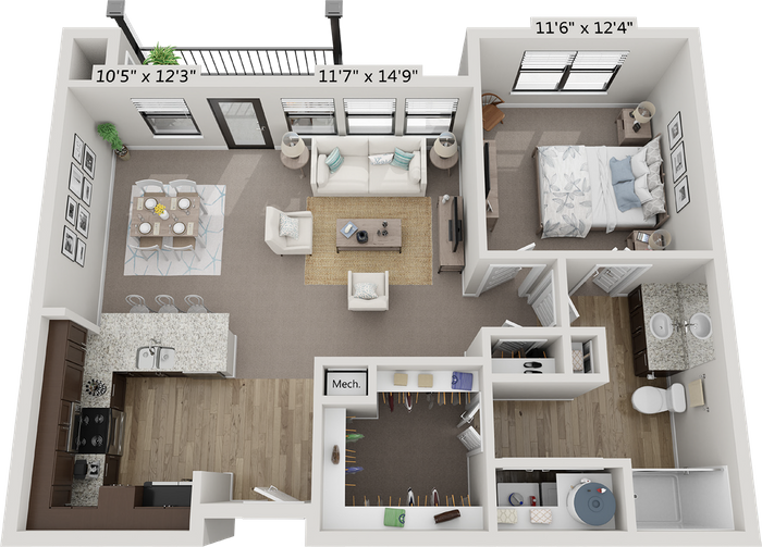 Floor plan for 1 bed, 1 bath, 812 sqft