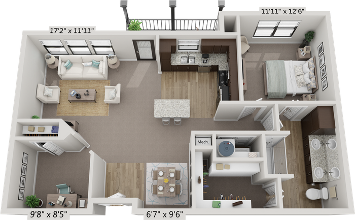 Floor plan for 1 bed, 1 bath, 978 sqft