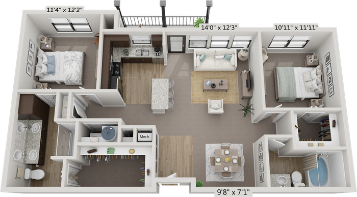 Floor plan for 2 beds, 2 baths, 1104 sqft