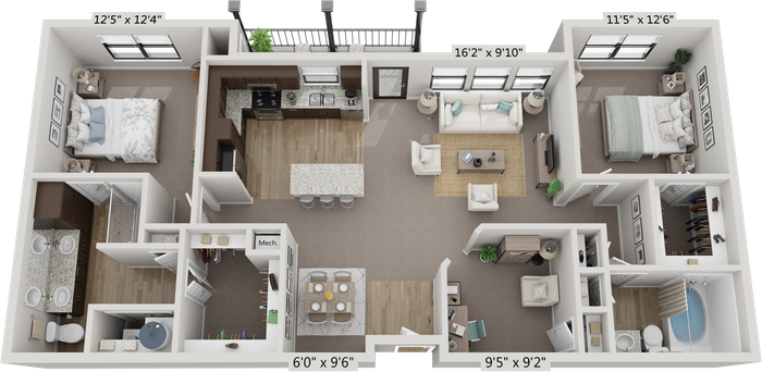 Floor plan for 2 beds, 2 baths, 1303 sqft