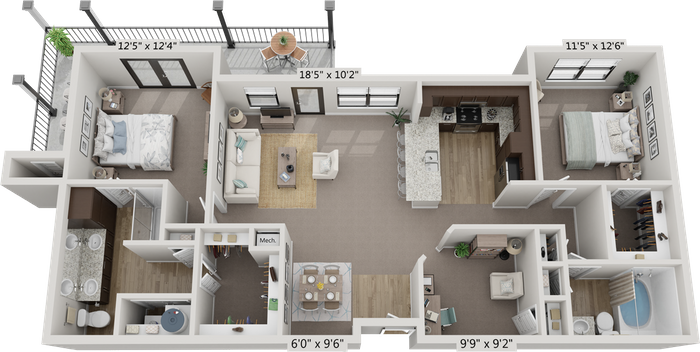 Floor plan for 2 beds, 2 baths, 1303 sqft