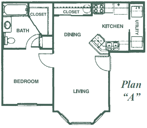 Floor plan for 1 bed, 1 bath, 580 sqft
