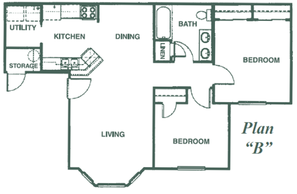 Floor plan for 2 beds, 1 bath, 813 sqft