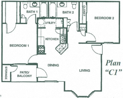Floor plan for 2 beds, 2 baths, 914 sqft