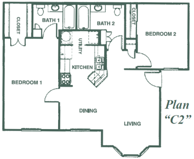 Floor plan for 2 beds, 2 baths, 977 sqft