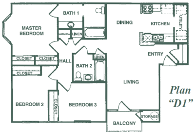 Floor plan for 3 beds, 2 baths, 1103 sqft