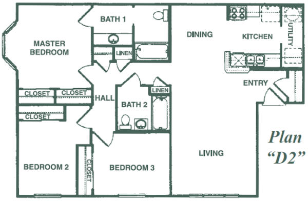 Floor plan for 3 beds, 2 baths, 1139 sqft