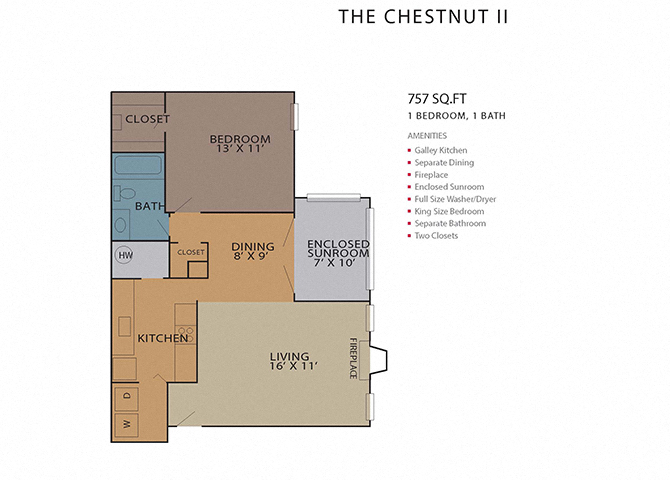 Floor plan for 1 bed, 1 bath, 834 sqft