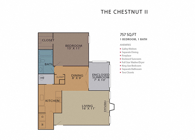 Floor plan for 1 bed, 1 bath, 757 sqft
