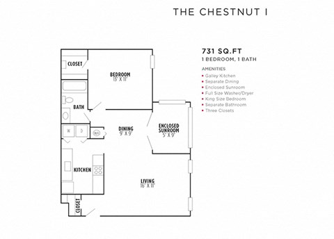 Floor plan for 1 bed, 1 bath, 808 sqft