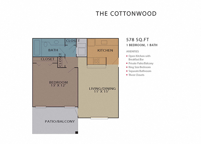 Floor plan for 1 bed, 1 bath, 578 sqft
