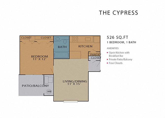 Floor plan for 1 bed, 1 bath, 526 sqft