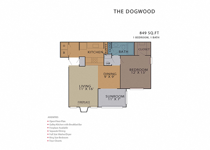 Floor plan for 1 bed, 1 bath, 849 sqft