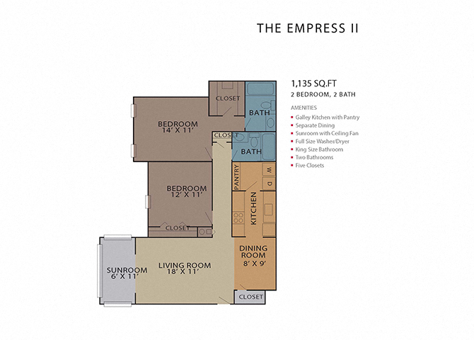 Floor plan for 2 beds, 2 baths, 1135 sqft