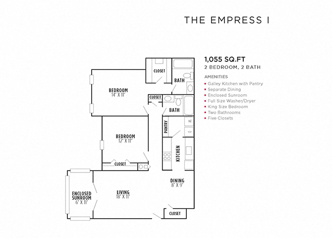 Floor plan for 2 beds, 2 baths, 1055 sqft