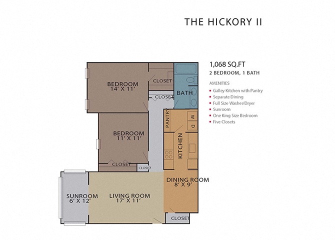 Floor plan for 2 beds, 1 bath, 1068 sqft