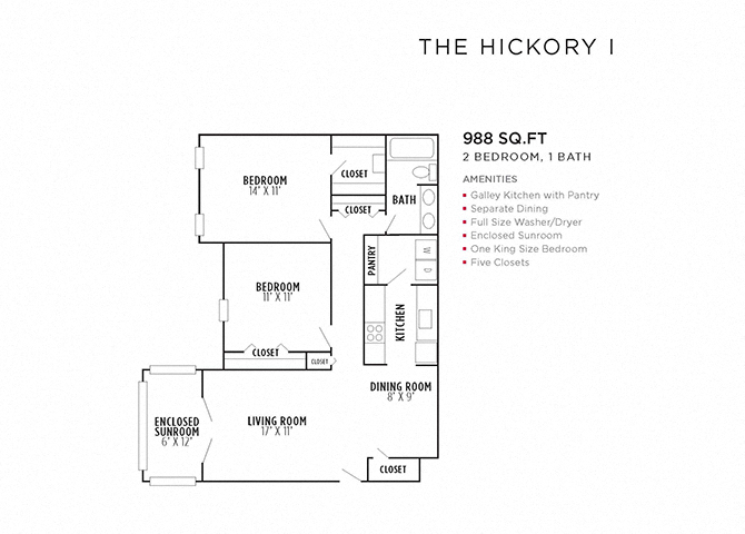 Floor plan for 2 beds, 1 bath, 988 sqft