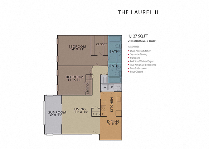 Floor plan for 2 beds, 2 baths, 1127 sqft