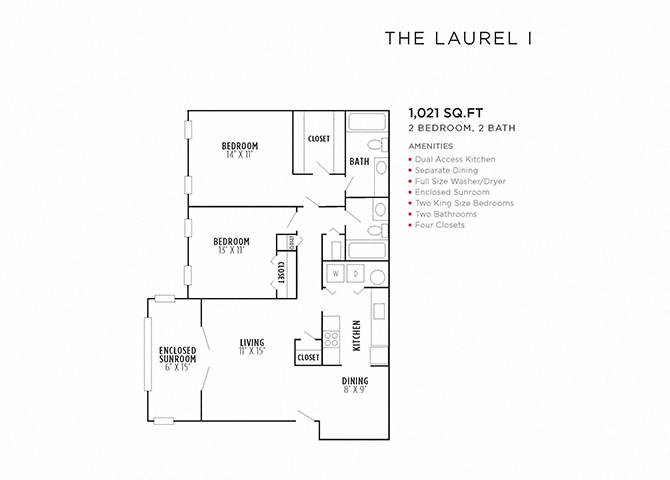 Floor plan for 2 beds, 2 baths, 1021 sqft