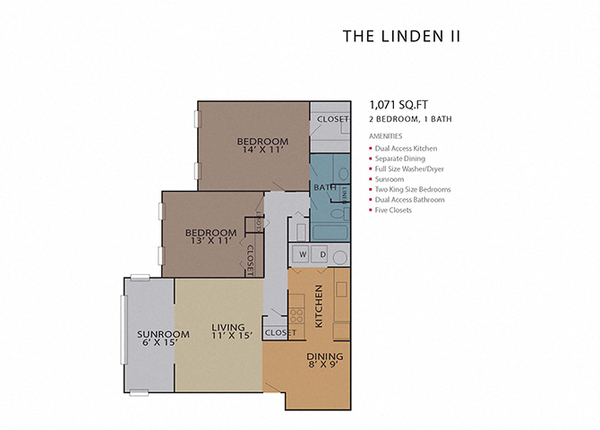 Floor plan for 2 beds, 1 bath, 1071 sqft