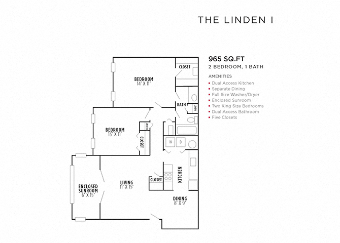 Floor plan for 2 beds, 1 bath, 965 sqft