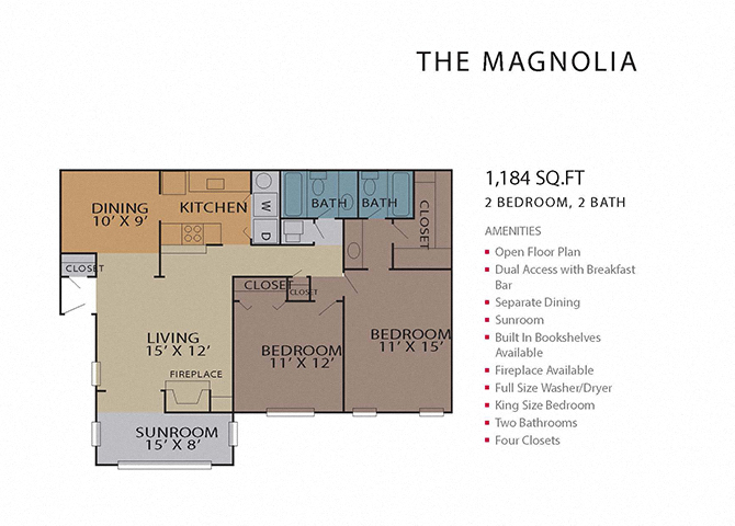 Floor plan for 2 beds, 2 baths, 1184 sqft