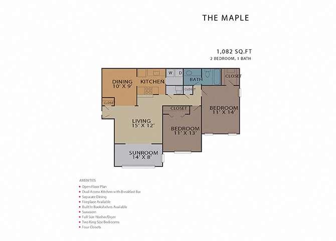 Floor plan for 2 beds, 1 bath, 1082 sqft