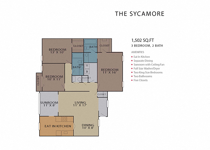Floor plan for 3 beds, 2 baths, 1502 sqft