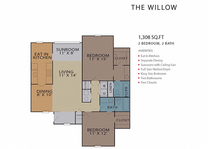 Floor plan for 2 beds, 2 baths, 1308 sqft