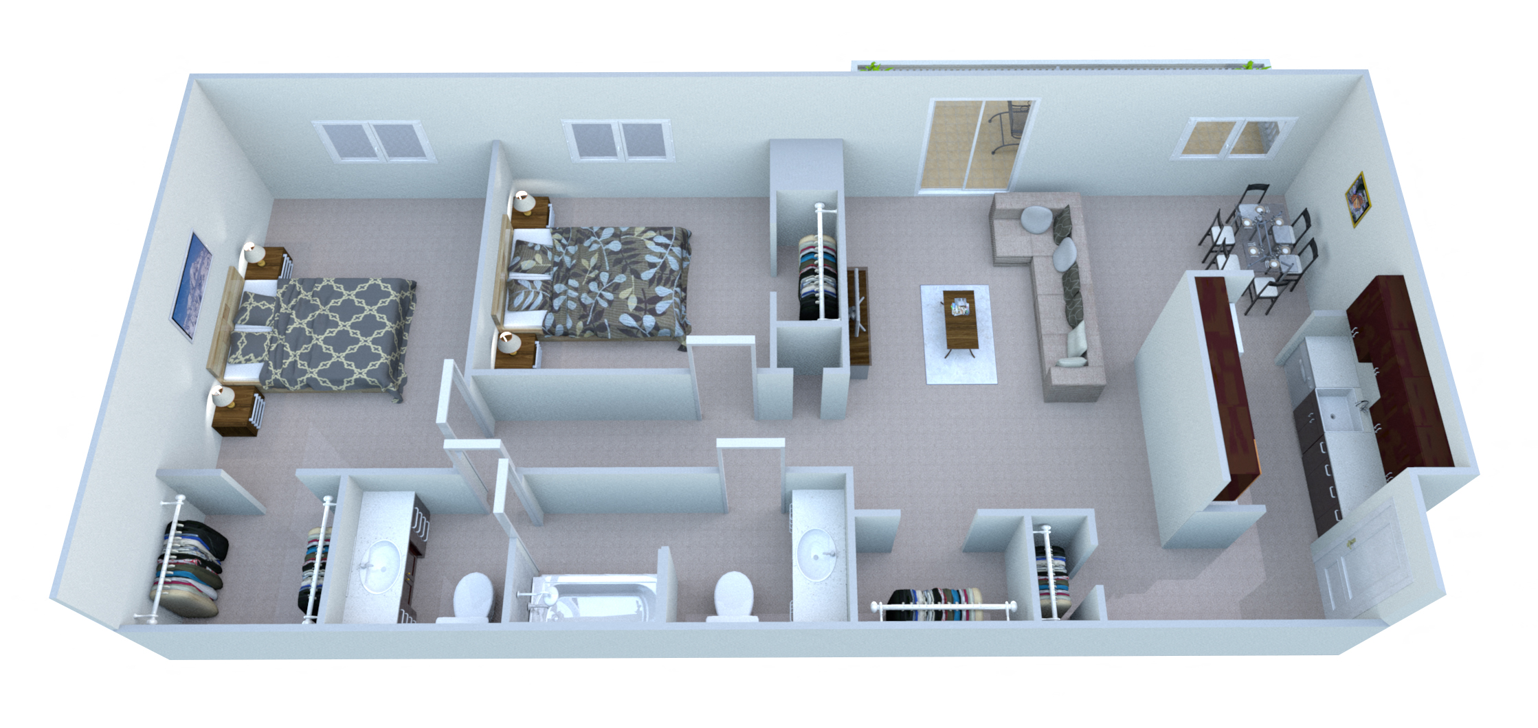 Floor plan for 2 beds, 1.5 baths, 1000 sqft