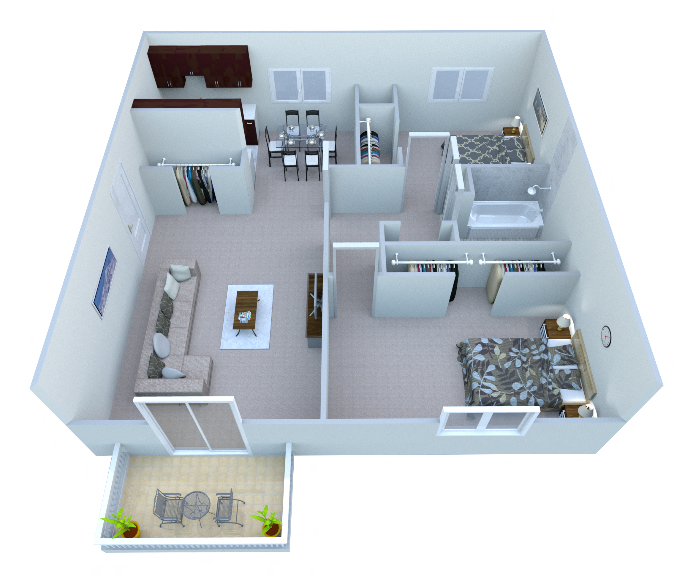 Floor plan for 2 beds, 1 bath, 1000 sqft