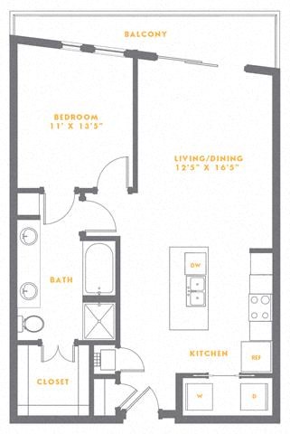 Floor plan for 1 bed, 1 bath, 808 sqft