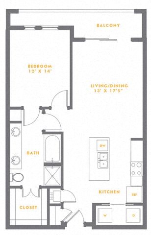 Floor plan for 1 bed, 1 bath, 818 sqft