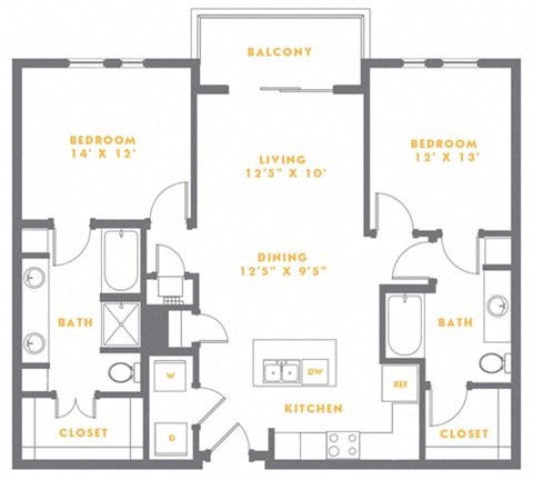 Floor plan for 2 beds, 2 baths, 1153 sqft