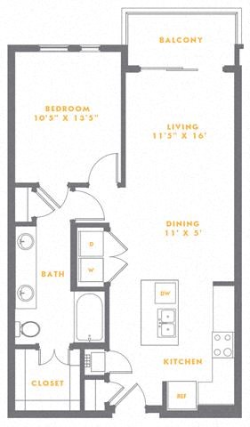 Floor plan for 1 bed, 1 bath, 771 sqft